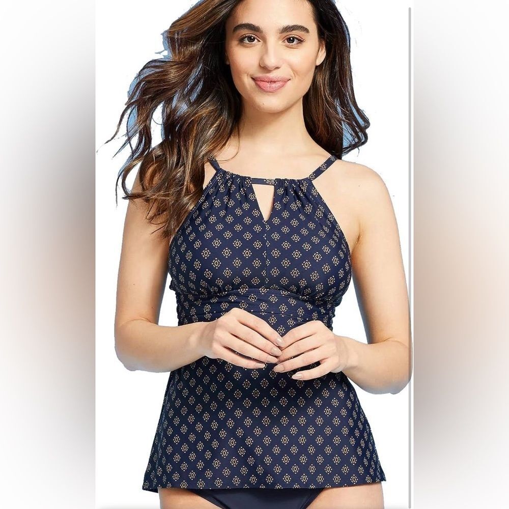 NWT - Kona Sol Women's Keyhole High Neck Tankini Top - Oxford Blue‎ - small
